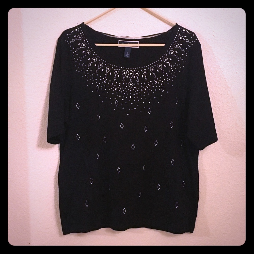 Karen Scott Black Embellished Beaded Top | Silver Studded Tee | Tunic | XL - Picture 3 of 6